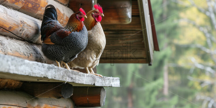 Two hens sitting on the balcony of a wooden house - Starpik Stock