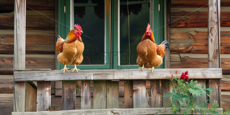 Two hens sitting on the balcony of a wooden house - Starpik Stock