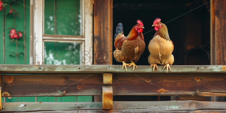 Two hens sitting on the balcony of a wooden house - Starpik Stock