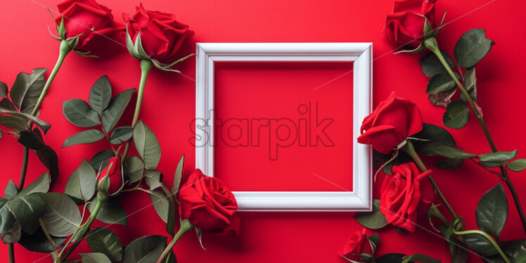 Valentine day mockup with blank frame and red roses - Starpik Stock