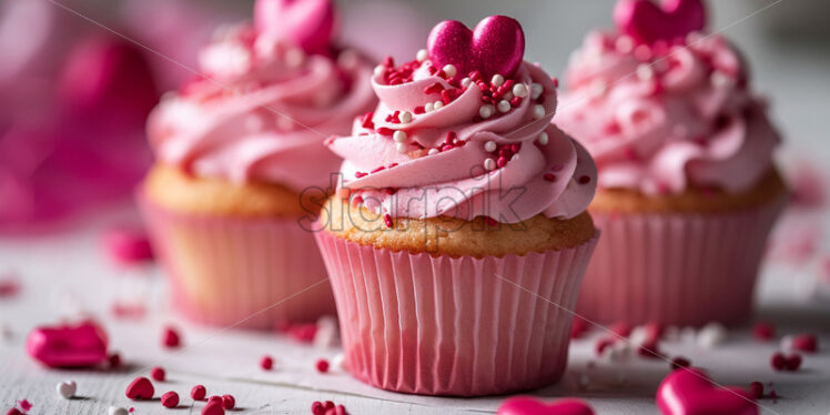 Valentine's Day cupcake arrangement with pink frosting and heart-shaped sprinkles on a white isolate background - Starpik Stock