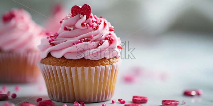 Valentine's Day cupcake arrangement with pink frosting and heart-shaped sprinkles on a white isolate background - Starpik Stock