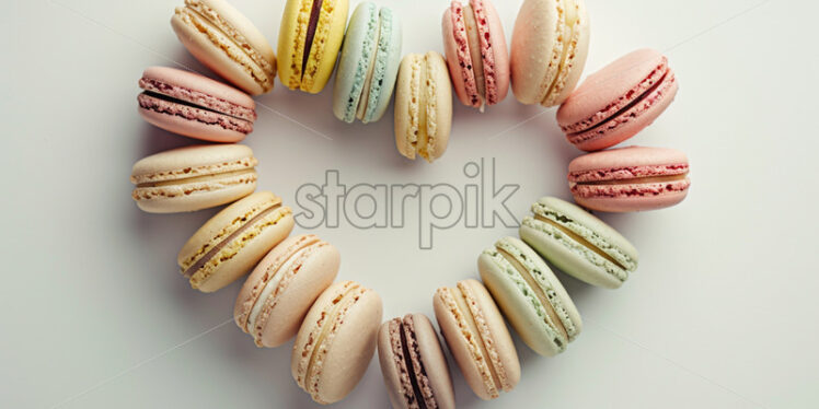 Valentine's Day postcard with assorted macarons in pastel shades arranged in a heart shape on a pristine - Starpik Stock