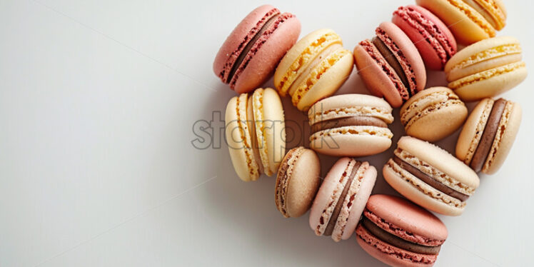 Valentine's Day postcard with assorted macarons in pastel shades arranged in a heart shape on a pristine - Starpik Stock