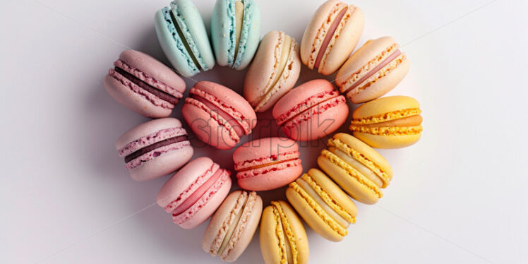 Valentine's Day postcard with assorted macarons in pastel shades arranged in a heart shape on a pristine - Starpik Stock