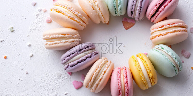 Valentine's Day postcard with assorted macarons in pastel shades arranged in a heart shape on a pristine - Starpik Stock