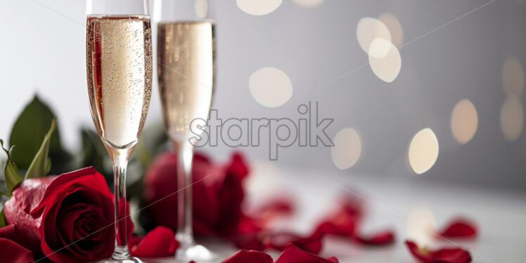 Valentine's Day postcard with champagne glasses and roses to celebrate Valentine on white background - Starpik Stock