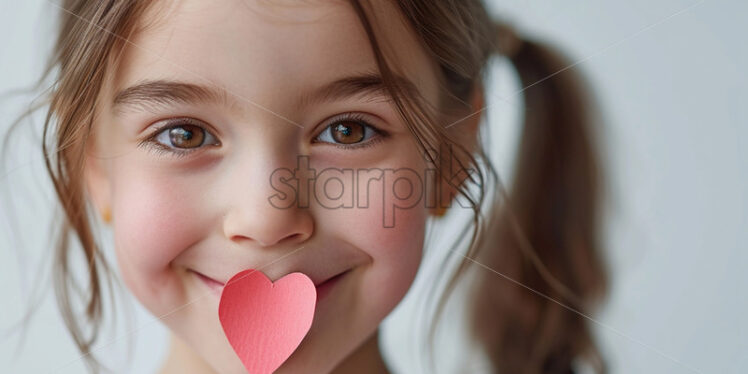 Valentine's Day postcard with cute girl smiling with small paper heart on white background - Starpik Stock