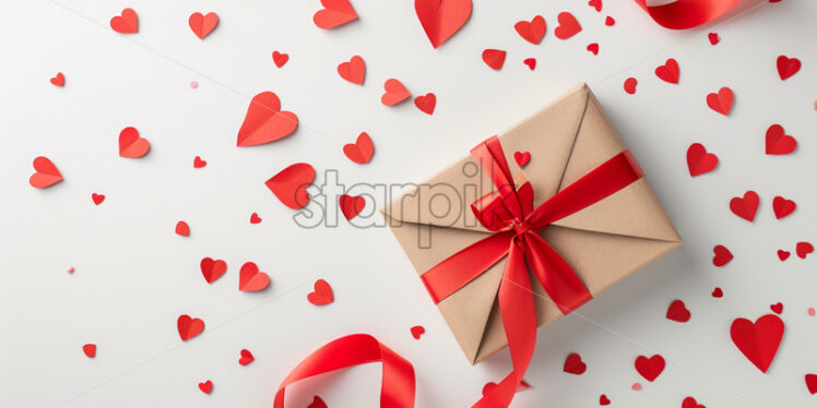 Valentine's Day postcard with gift heart shape, roses and candles on white background - Starpik Stock