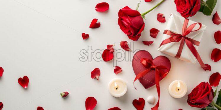 Valentine's Day postcard with gift heart shape, roses and candles on white background - Starpik Stock