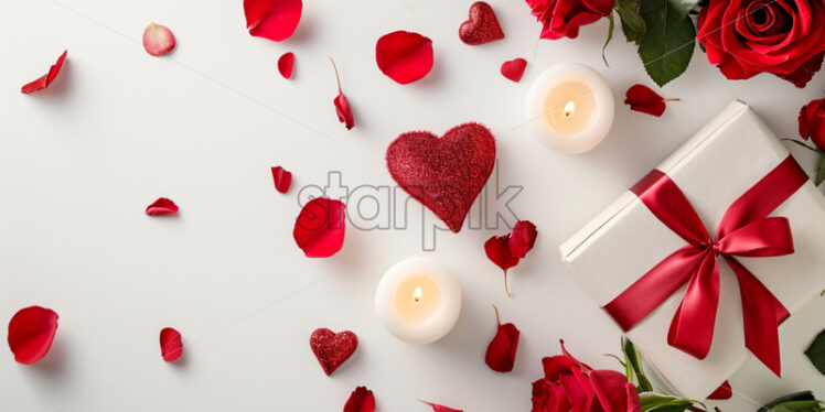 Valentine's Day postcard with gift heart shape, roses and candles on white background - Starpik Stock