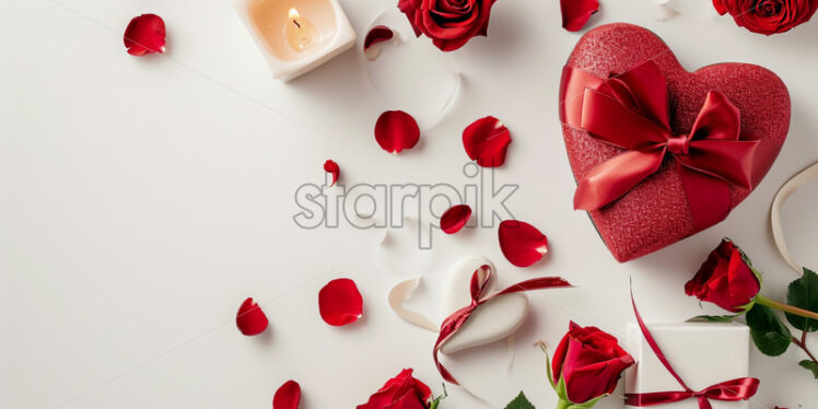 Valentine's Day postcard with gift heart shape, roses and candles on white background - Starpik Stock