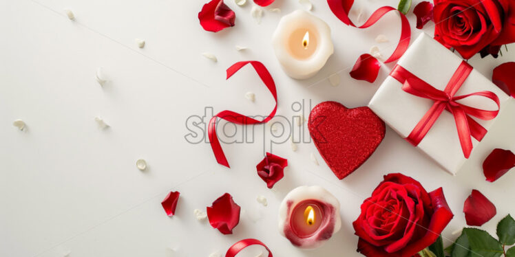 Valentine's Day postcard with gift heart shape, roses and candles on white background - Starpik Stock