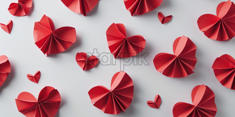  Valentines day card with red heart-shaped paper elements on a white background - Starpik Stock