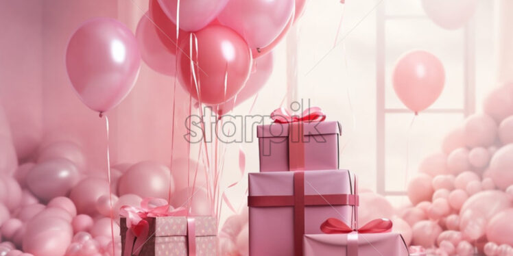 Valentines day concept with balloons and gift boxes.Pink concept - Starpik Stock