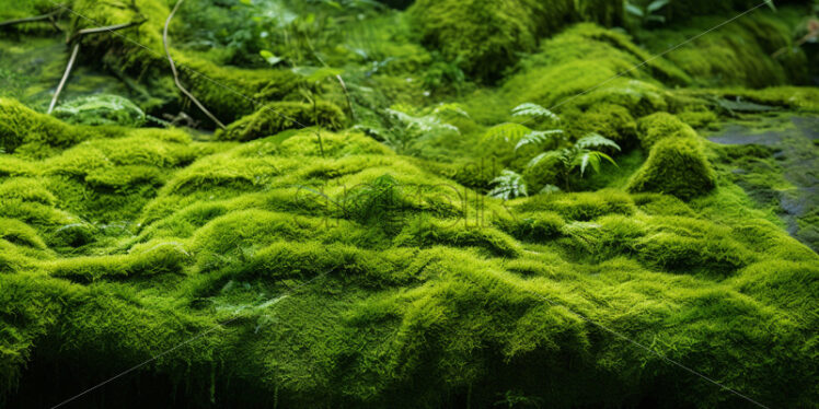 Vibrant carpet of moss and ferns covering the jungle ground in a lush - Starpik Stock