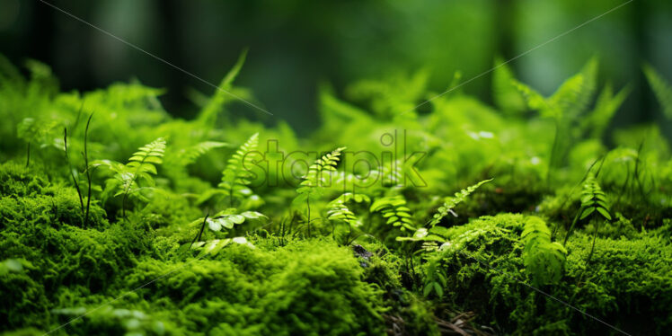 Vibrant carpet of moss and ferns covering the jungle ground in a lush - Starpik Stock