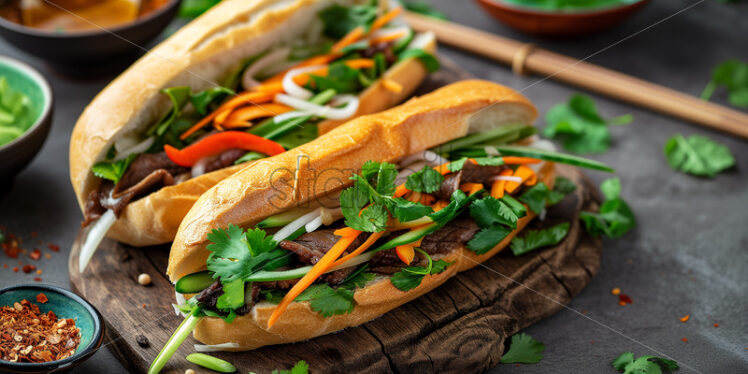 Vietnamese Bánh Mì on a rustic board - Starpik Stock