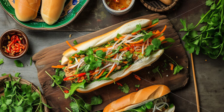 Vietnamese Bánh Mì on a rustic board - Starpik Stock