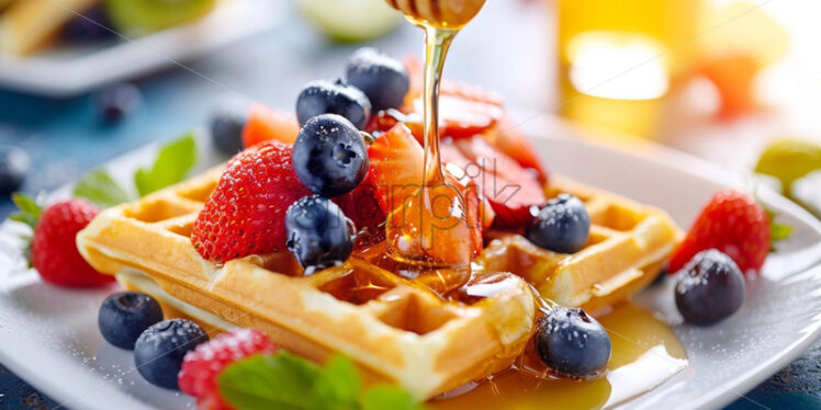 Waffles breakfast with fruits and honey - Starpik Stock