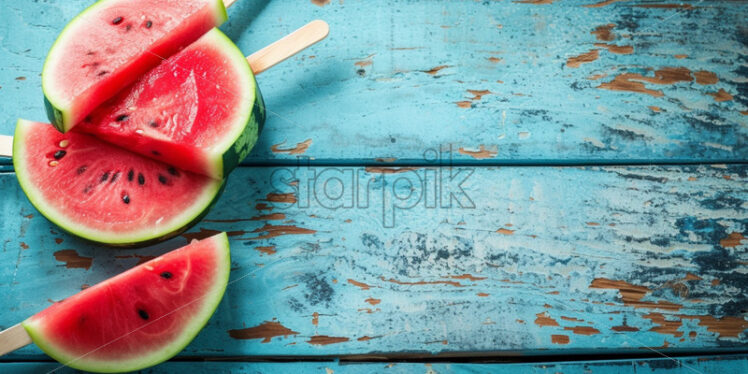 Watermelon popsicles on blue wood background - Starpik Stock