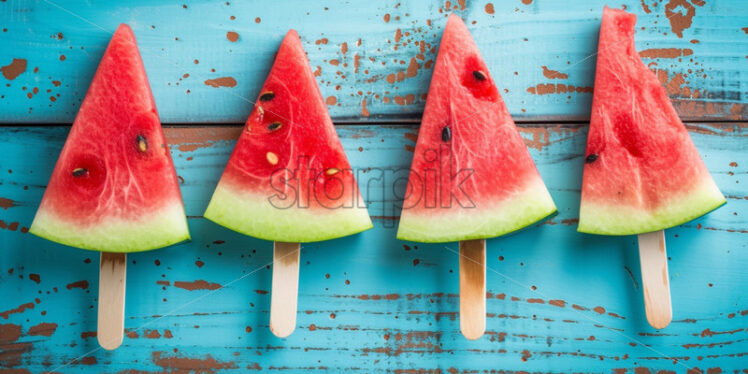 Watermelon popsicles on blue wood background - Starpik Stock