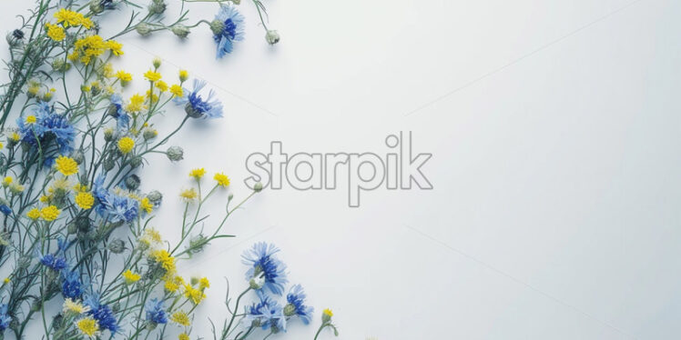 White blank surface with blue and yellow wild flowers - Starpik Stock