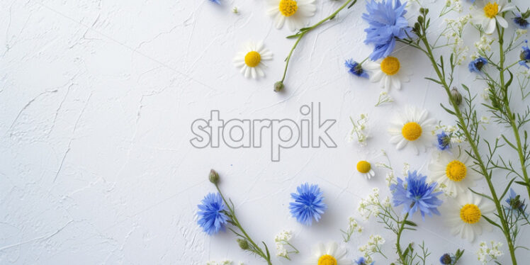 White blank surface with blue and yellow wild flowers - Starpik Stock