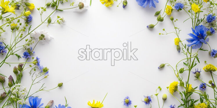 White blank surface with blue and yellow wild flowers - Starpik Stock