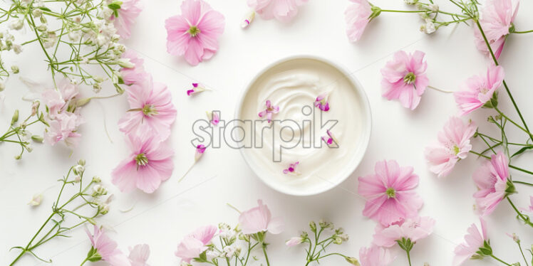 White bowl of yogurt with pastel flowers on a white background - Starpik Stock