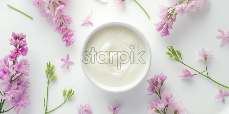 White bowl of yogurt with pastel flowers on a white background - Starpik Stock