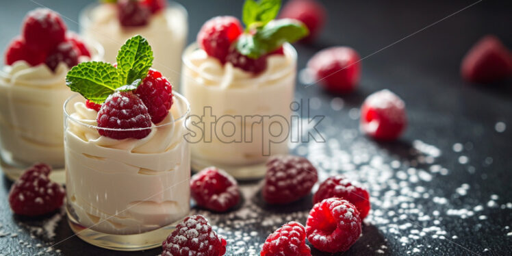 White chocolate mousse served in individual glasses, garnished with raspberries and mint leaves - Starpik Stock