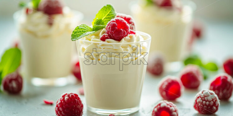 White chocolate mousse served in individual glasses, garnished with raspberries and mint leaves - Starpik Stock