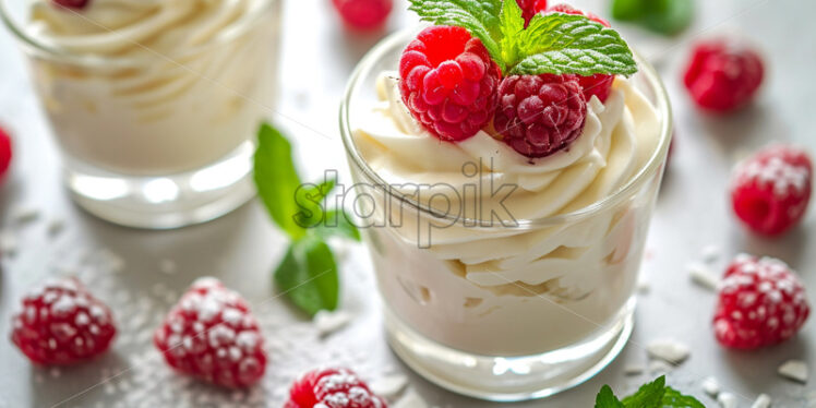 White chocolate mousse served in individual glasses, garnished with raspberries and mint leaves - Starpik Stock