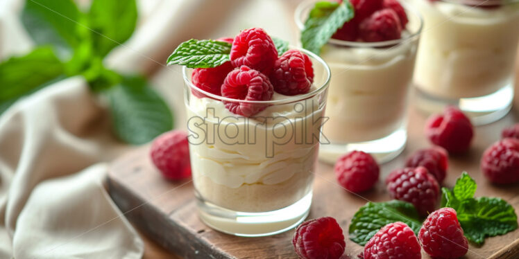 White chocolate mousse served in individual glasses, garnished with raspberries and mint leaves - Starpik Stock