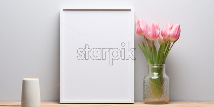 White empty frame and pink tulips in a vase - Starpik Stock