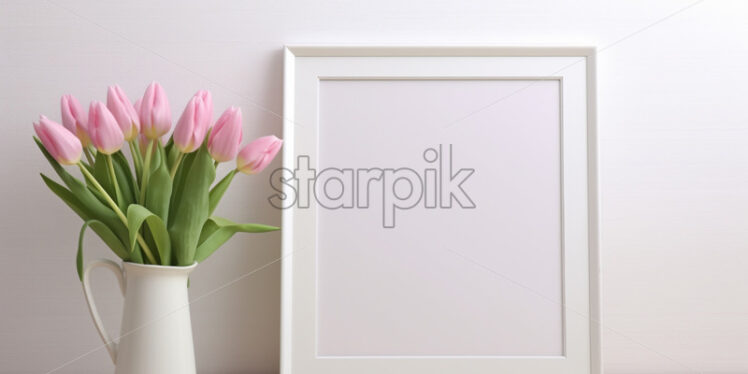 White empty frame and pink tulips in a vase - Starpik Stock