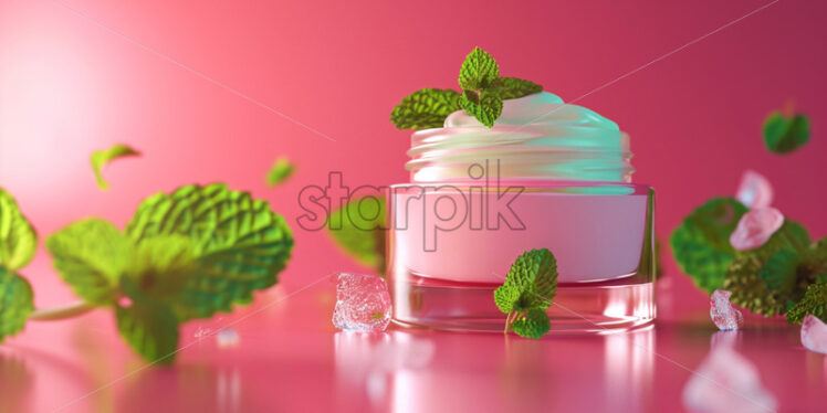 White face cream on pink background with mint leaves - Starpik Stock