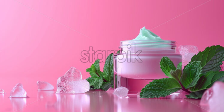 White face cream on pink background with mint leaves - Starpik Stock