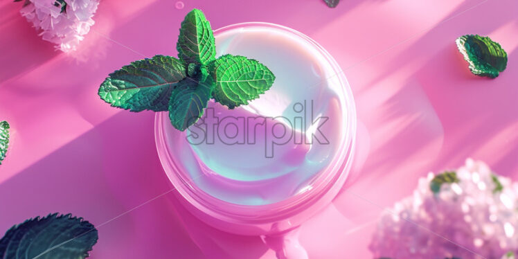 White face cream on pink background with mint leaves - Starpik Stock