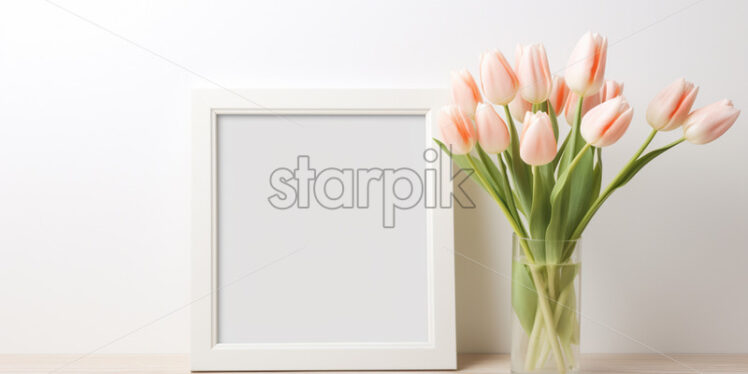 White frame and pink tulips in a vase, on a wood table - Starpik Stock