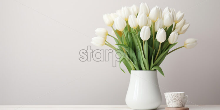 White frame and white tulips in a vase, on a wood table - Starpik Stock