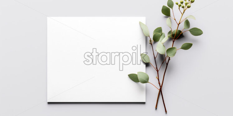 White greeting card with eucalyptus branch - Starpik Stock