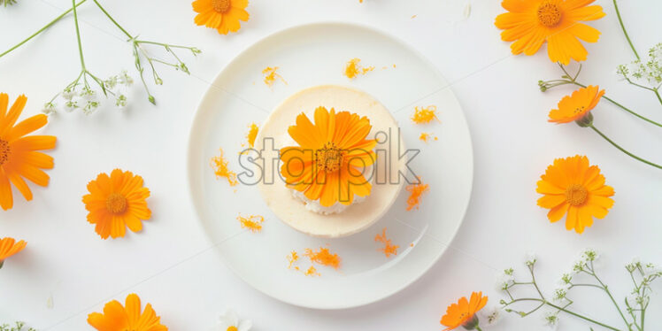 White plate of apricot cheesecake, pastel orange flowers, on a white background - Starpik Stock