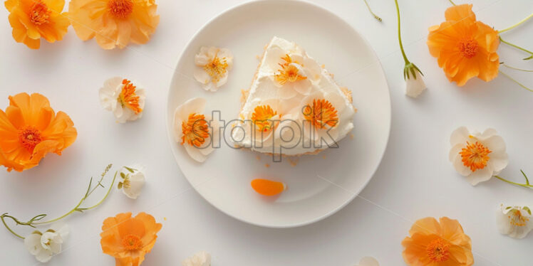 White plate of apricot cheesecake, pastel orange flowers, on a white background - Starpik Stock