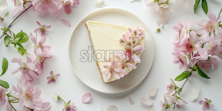 White plate of cheesecake, pastel flowers, on a white background - Starpik Stock