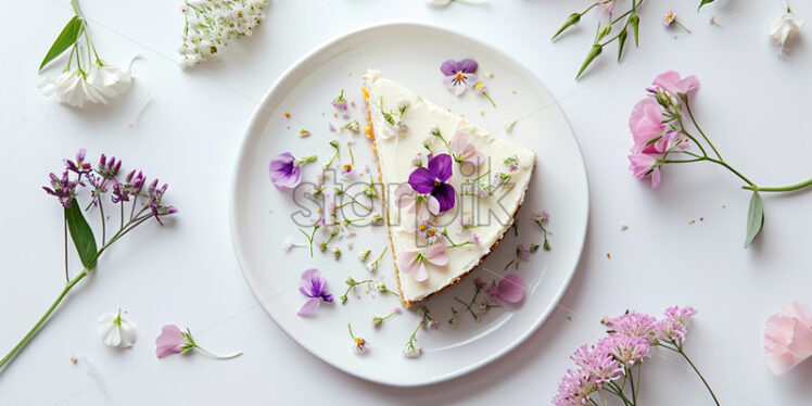 White plate of cheesecake, pastel flowers, on a white background - Starpik Stock