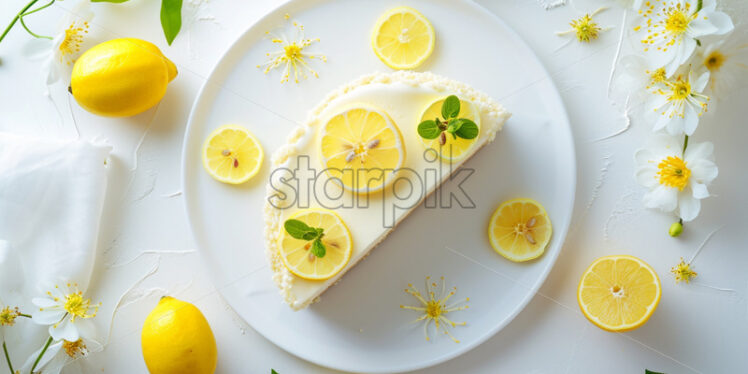 White plate of lemon cheesecake with lemon flowers, on a white background - Starpik Stock