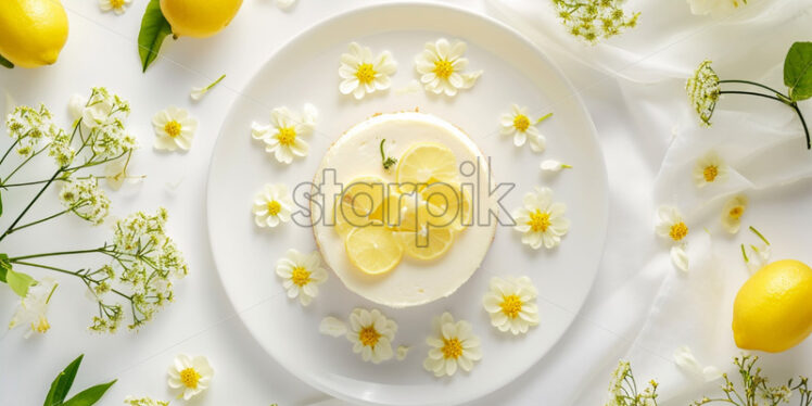 White plate of lemon cheesecake with lemon flowers, on a white background - Starpik Stock