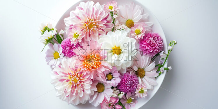 White plate with flowers. Creative composition - Starpik Stock